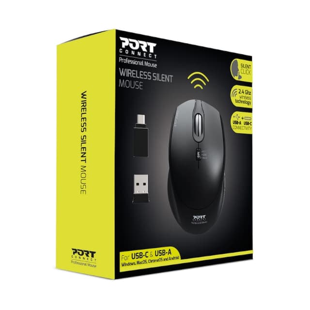 Port Wireless Silent 3600DPI 3 Button USB and Type-C Dongle Mouse – Black